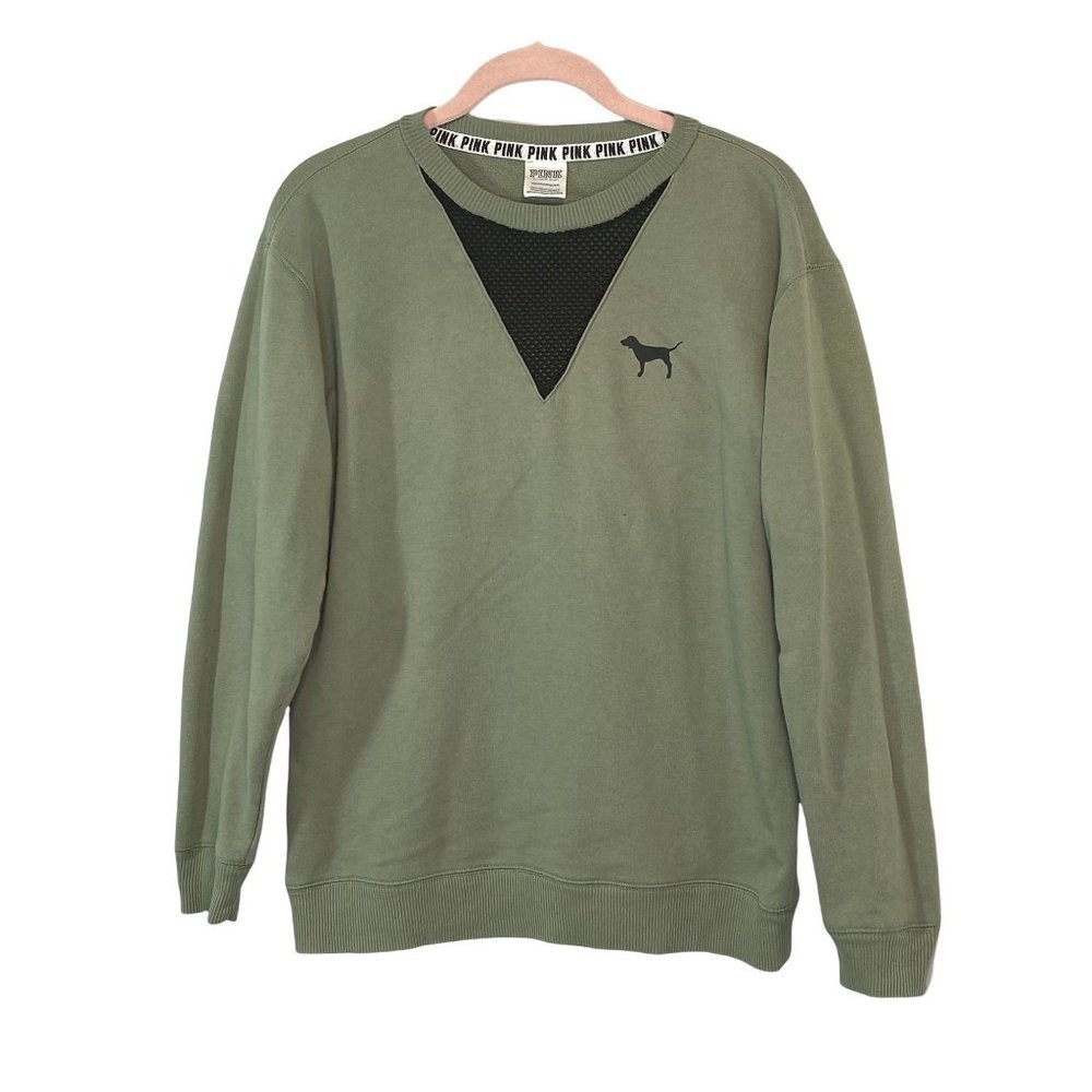 Victoria Secret PINK Boyfriend Sweatshirt Size XS Pullover Dog Logo Green Black - Picture 7 of 11